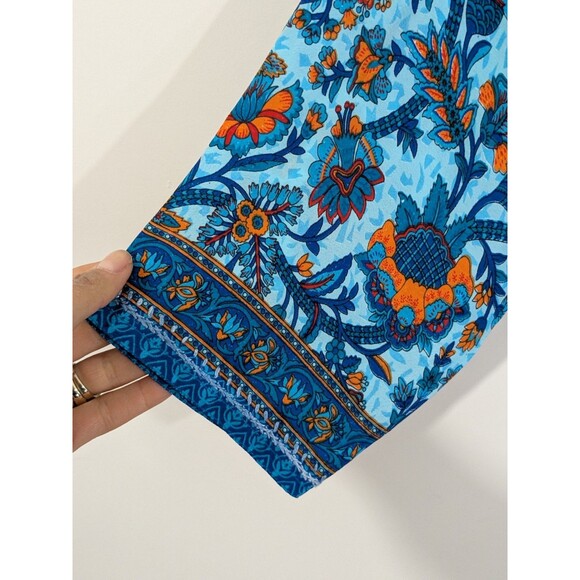 Dolma Silk Blend Floral Blue Tunic Hand Embroidered Henley Bohemian Indian Sz M - Picture 8 of 12